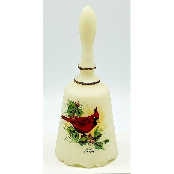 Fenton Other - Fenton Satin Ivory Glass Bell Cardinal Holly Hand Painted 1994 S Jackson Signed